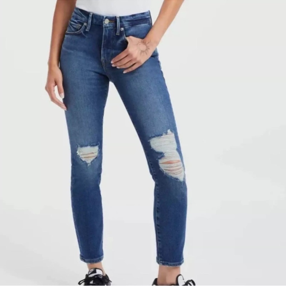 NEW GOOD AMERICAN GOOD LEGS STRAIGHT CROPPED DISTRESSED JEANS 27 (4) BLUE